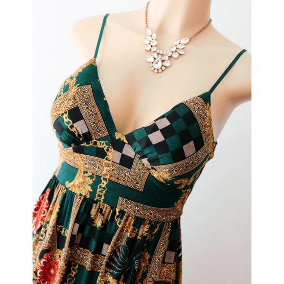 Green Gold Bow Tie Back Stretchy Jersey Knit Dress - Picture 4 of 7